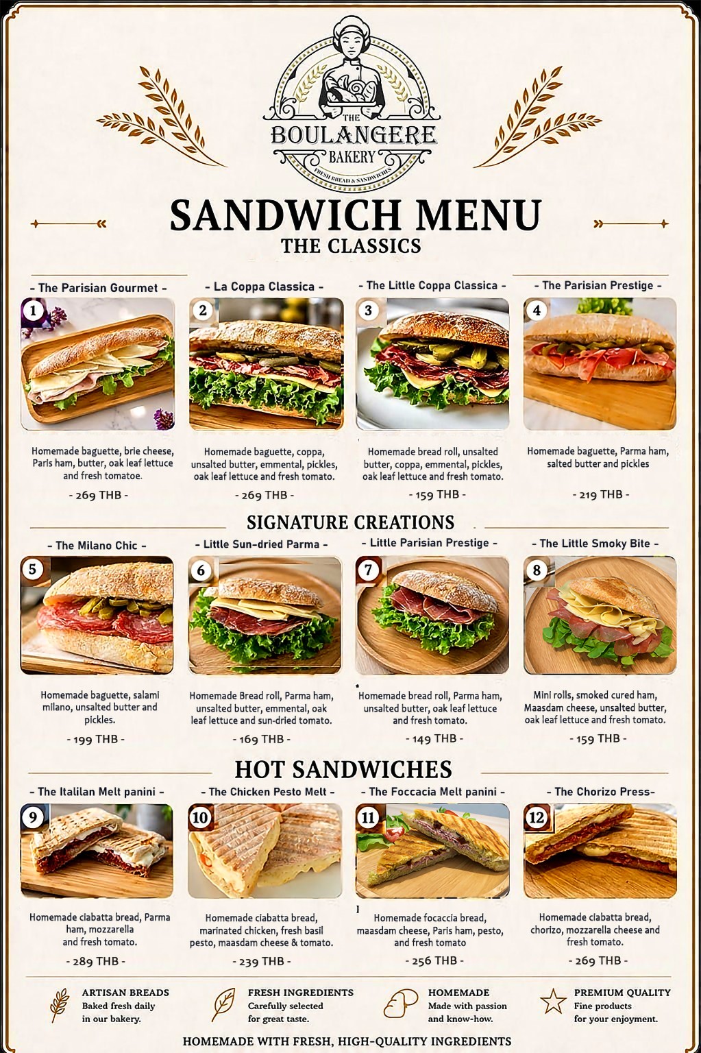 The Boulangère sandwich menu